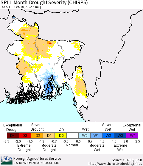 Bangladesh SPI 1-Month Drought Severity (CHIRPS) Thematic Map For 9/11/2022 - 10/10/2022