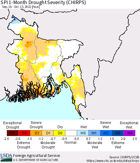 Bangladesh SPI 1-Month Drought Severity (CHIRPS) Thematic Map For 9/16/2022 - 10/15/2022