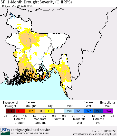 Bangladesh SPI 1-Month Drought Severity (CHIRPS) Thematic Map For 9/21/2022 - 10/20/2022