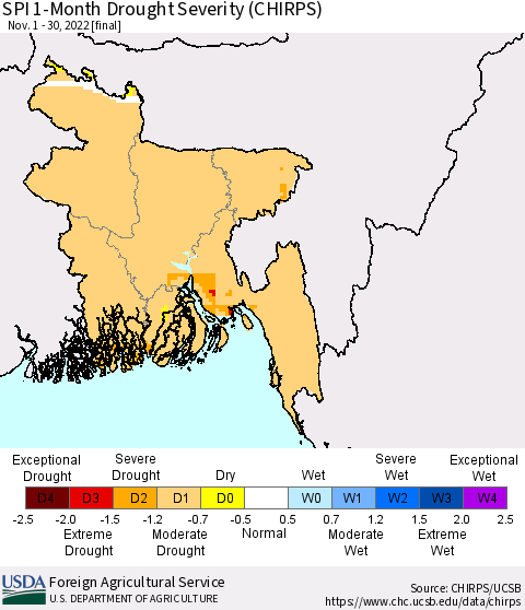 Bangladesh SPI 1-Month Drought Severity (CHIRPS) Thematic Map For 11/1/2022 - 11/30/2022