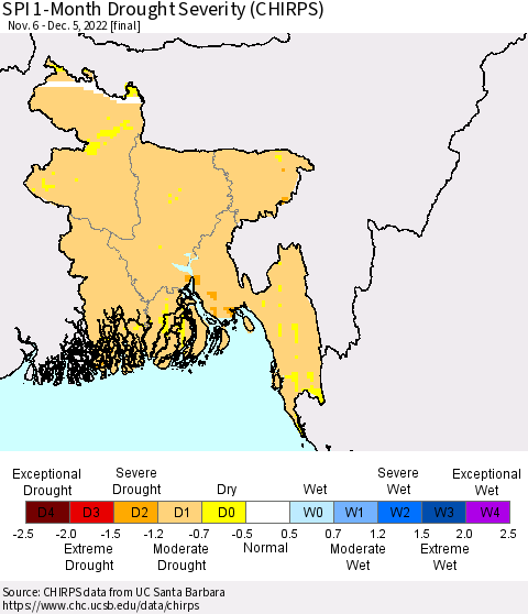 Bangladesh SPI 1-Month Drought Severity (CHIRPS) Thematic Map For 11/6/2022 - 12/5/2022