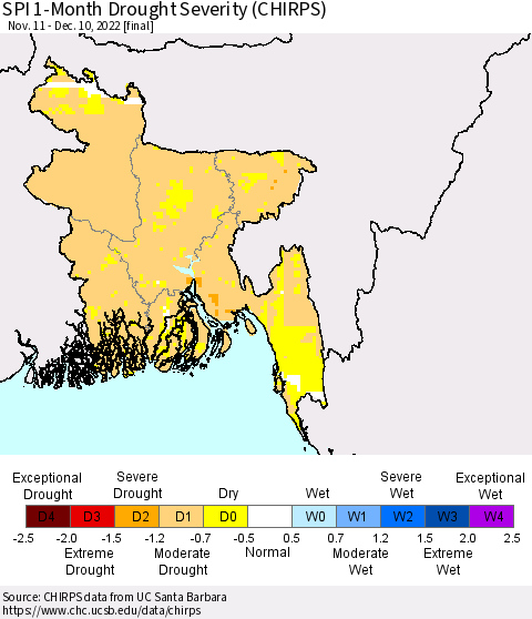 Bangladesh SPI 1-Month Drought Severity (CHIRPS) Thematic Map For 11/11/2022 - 12/10/2022