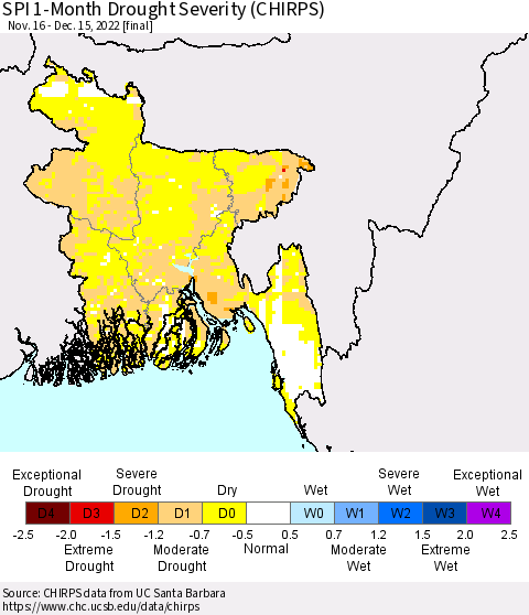 Bangladesh SPI 1-Month Drought Severity (CHIRPS) Thematic Map For 11/16/2022 - 12/15/2022