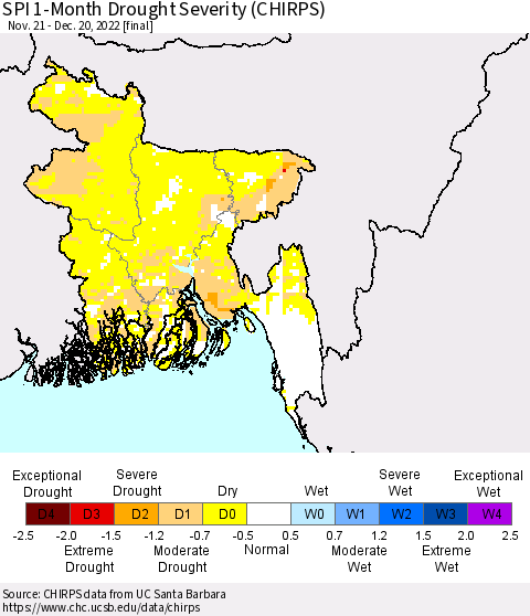 Bangladesh SPI 1-Month Drought Severity (CHIRPS) Thematic Map For 11/21/2022 - 12/20/2022