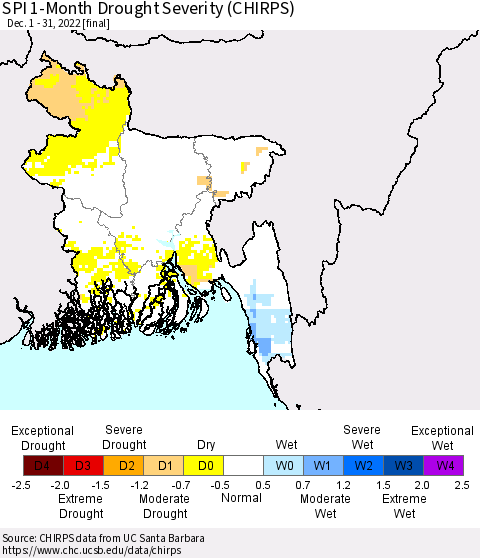 Bangladesh SPI 1-Month Drought Severity (CHIRPS) Thematic Map For 12/1/2022 - 12/31/2022