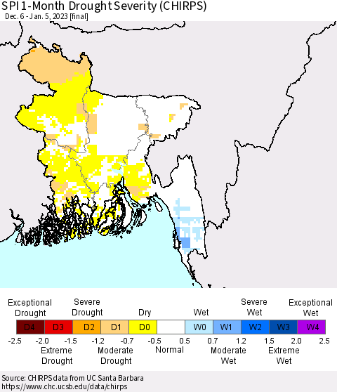 Bangladesh SPI 1-Month Drought Severity (CHIRPS) Thematic Map For 12/6/2022 - 1/5/2023