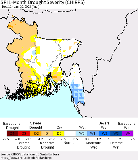 Bangladesh SPI 1-Month Drought Severity (CHIRPS) Thematic Map For 12/11/2022 - 1/10/2023