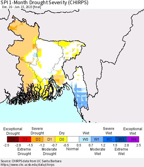 Bangladesh SPI 1-Month Drought Severity (CHIRPS) Thematic Map For 12/16/2022 - 1/15/2023