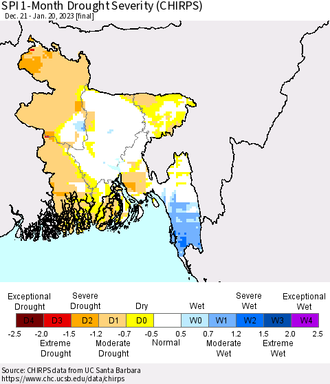 Bangladesh SPI 1-Month Drought Severity (CHIRPS) Thematic Map For 12/21/2022 - 1/20/2023