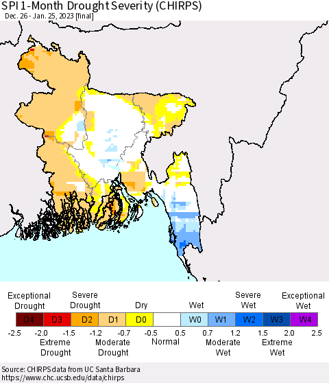 Bangladesh SPI 1-Month Drought Severity (CHIRPS) Thematic Map For 12/26/2022 - 1/25/2023