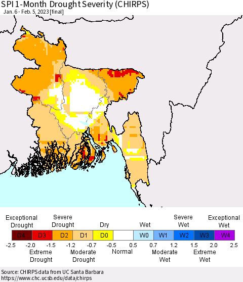 Bangladesh SPI 1-Month Drought Severity (CHIRPS) Thematic Map For 1/6/2023 - 2/5/2023