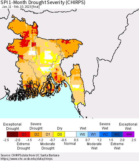 Bangladesh SPI 1-Month Drought Severity (CHIRPS) Thematic Map For 1/11/2023 - 2/10/2023