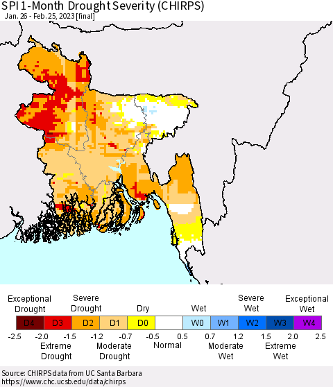 Bangladesh SPI 1-Month Drought Severity (CHIRPS) Thematic Map For 1/26/2023 - 2/25/2023