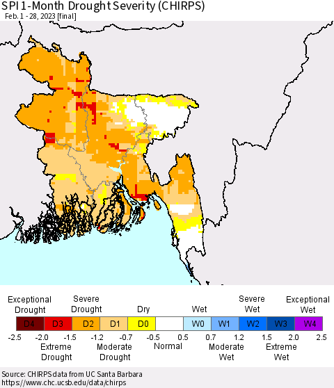 Bangladesh SPI 1-Month Drought Severity (CHIRPS) Thematic Map For 2/1/2023 - 2/28/2023