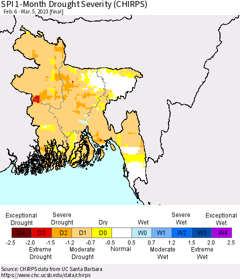 Bangladesh SPI 1-Month Drought Severity (CHIRPS) Thematic Map For 2/6/2023 - 3/5/2023