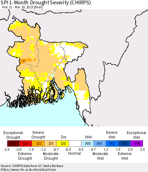 Bangladesh SPI 1-Month Drought Severity (CHIRPS) Thematic Map For 2/11/2023 - 3/10/2023
