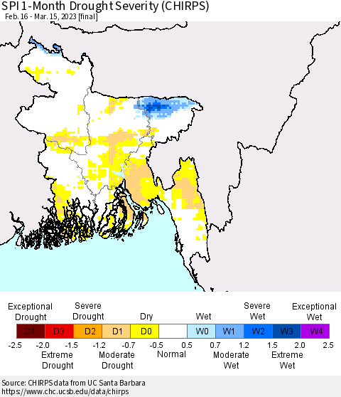 Bangladesh SPI 1-Month Drought Severity (CHIRPS) Thematic Map For 2/16/2023 - 3/15/2023