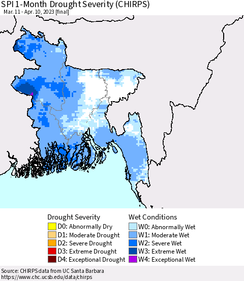 Bangladesh SPI 1-Month Drought Severity (CHIRPS) Thematic Map For 3/11/2023 - 4/10/2023