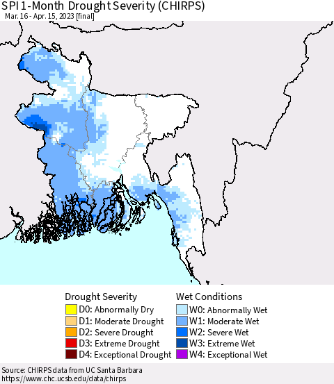 Bangladesh SPI 1-Month Drought Severity (CHIRPS) Thematic Map For 3/16/2023 - 4/15/2023