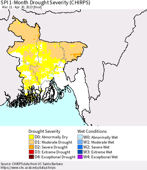 Bangladesh SPI 1-Month Drought Severity (CHIRPS) Thematic Map For 3/21/2023 - 4/20/2023