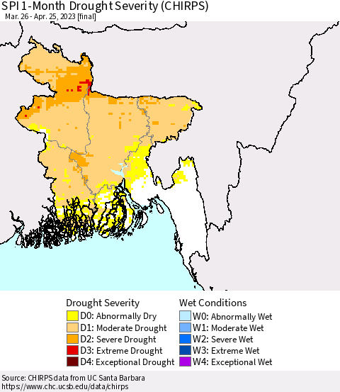 Bangladesh SPI 1-Month Drought Severity (CHIRPS) Thematic Map For 3/26/2023 - 4/25/2023