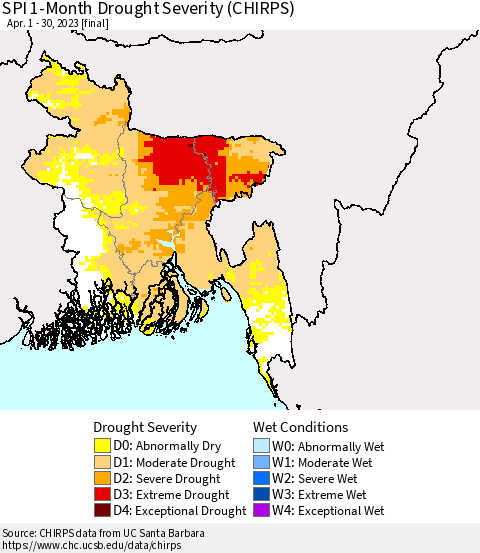 Bangladesh SPI 1-Month Drought Severity (CHIRPS) Thematic Map For 4/1/2023 - 4/30/2023