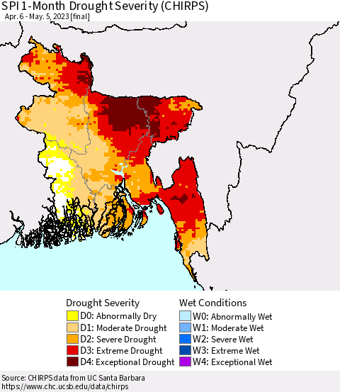 Bangladesh SPI 1-Month Drought Severity (CHIRPS) Thematic Map For 4/6/2023 - 5/5/2023