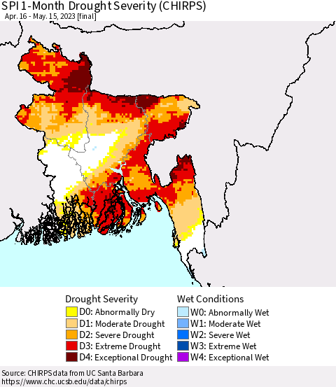 Bangladesh SPI 1-Month Drought Severity (CHIRPS) Thematic Map For 4/16/2023 - 5/15/2023