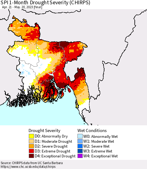 Bangladesh SPI 1-Month Drought Severity (CHIRPS) Thematic Map For 4/21/2023 - 5/20/2023