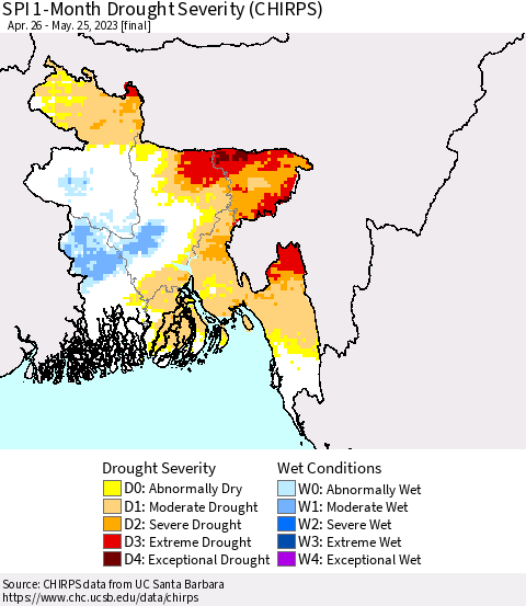 Bangladesh SPI 1-Month Drought Severity (CHIRPS) Thematic Map For 4/26/2023 - 5/25/2023