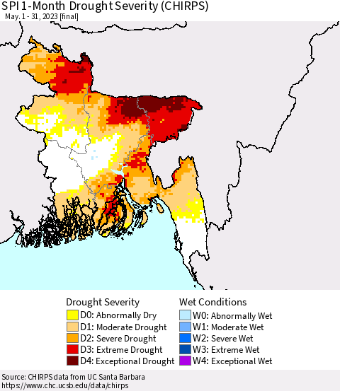 Bangladesh SPI 1-Month Drought Severity (CHIRPS) Thematic Map For 5/1/2023 - 5/31/2023