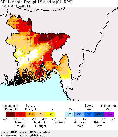 Bangladesh SPI 1-Month Drought Severity (CHIRPS) Thematic Map For 5/6/2023 - 6/5/2023