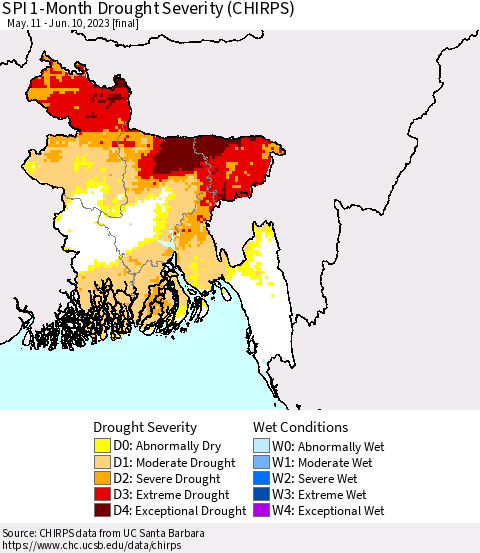 Bangladesh SPI 1-Month Drought Severity (CHIRPS) Thematic Map For 5/11/2023 - 6/10/2023