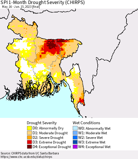 Bangladesh SPI 1-Month Drought Severity (CHIRPS) Thematic Map For 5/16/2023 - 6/15/2023