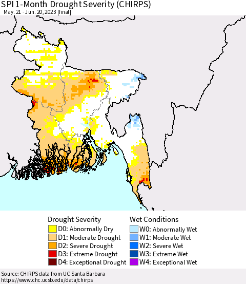 Bangladesh SPI 1-Month Drought Severity (CHIRPS) Thematic Map For 5/21/2023 - 6/20/2023