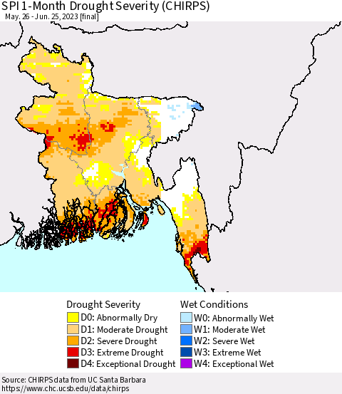 Bangladesh SPI 1-Month Drought Severity (CHIRPS) Thematic Map For 5/26/2023 - 6/25/2023