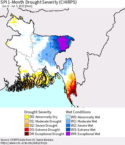 Bangladesh SPI 1-Month Drought Severity (CHIRPS) Thematic Map For 6/6/2023 - 7/5/2023