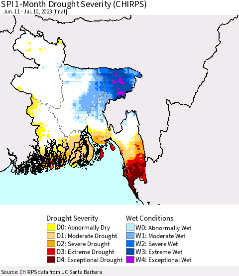Bangladesh SPI 1-Month Drought Severity (CHIRPS) Thematic Map For 6/11/2023 - 7/10/2023