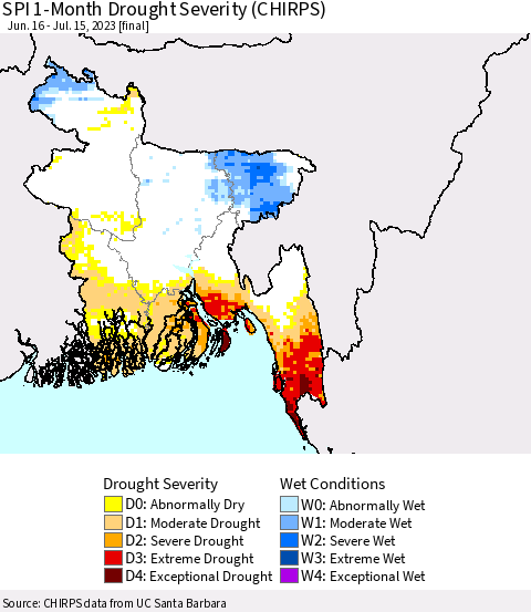 Bangladesh SPI 1-Month Drought Severity (CHIRPS) Thematic Map For 6/16/2023 - 7/15/2023
