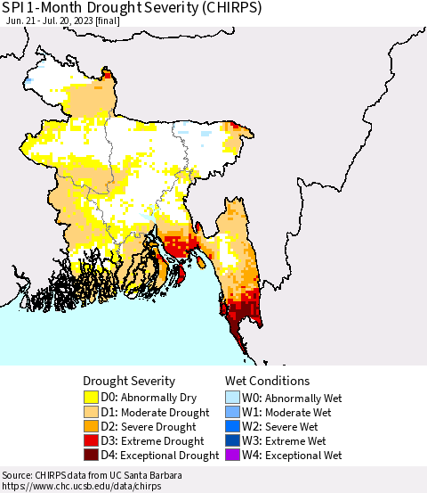 Bangladesh SPI 1-Month Drought Severity (CHIRPS) Thematic Map For 6/21/2023 - 7/20/2023