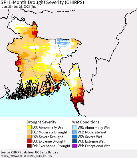 Bangladesh SPI 1-Month Drought Severity (CHIRPS) Thematic Map For 6/26/2023 - 7/25/2023