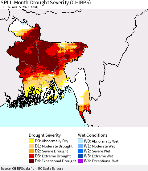 Bangladesh SPI 1-Month Drought Severity (CHIRPS) Thematic Map For 7/6/2023 - 8/5/2023