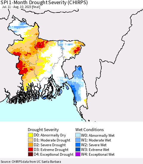 Bangladesh SPI 1-Month Drought Severity (CHIRPS) Thematic Map For 7/11/2023 - 8/10/2023