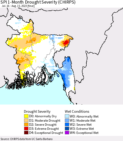 Bangladesh SPI 1-Month Drought Severity (CHIRPS) Thematic Map For 7/16/2023 - 8/15/2023