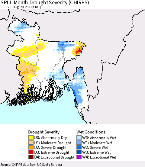 Bangladesh SPI 1-Month Drought Severity (CHIRPS) Thematic Map For 7/21/2023 - 8/20/2023