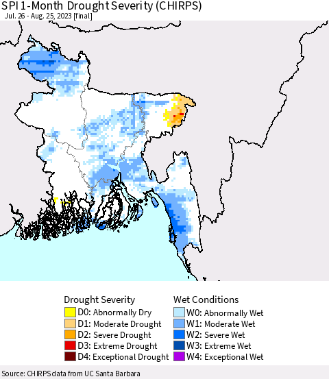 Bangladesh SPI 1-Month Drought Severity (CHIRPS) Thematic Map For 7/26/2023 - 8/25/2023