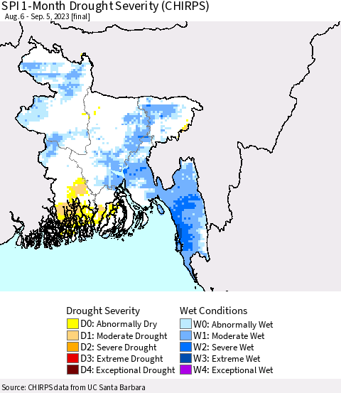 Bangladesh SPI 1-Month Drought Severity (CHIRPS) Thematic Map For 8/6/2023 - 9/5/2023