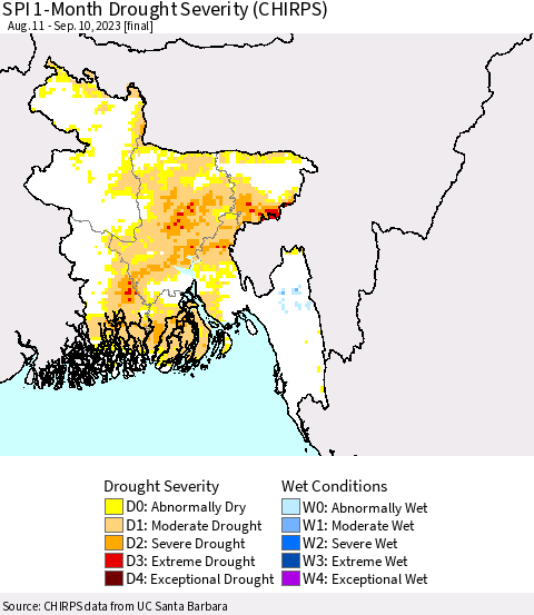 Bangladesh SPI 1-Month Drought Severity (CHIRPS) Thematic Map For 8/11/2023 - 9/10/2023