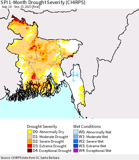 Bangladesh SPI 1-Month Drought Severity (CHIRPS) Thematic Map For 8/16/2023 - 9/15/2023