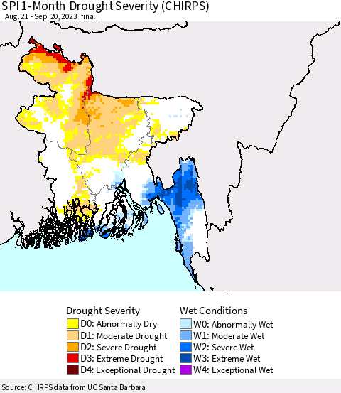 Bangladesh SPI 1-Month Drought Severity (CHIRPS) Thematic Map For 8/21/2023 - 9/20/2023
